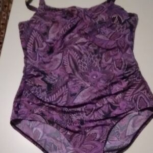 Elegant Purple One Piece with Intricate Pattern and a Criss-cross Back. Size 14.